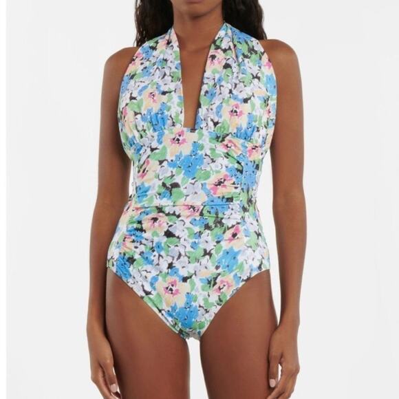 Ganni  Halter One Piece Swimsuit Blue Floral Size 6 New - Picture 6 of 10